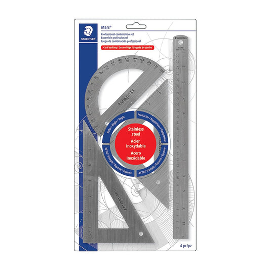 STAEDTLER Juego De Matemáticas 566 32BK | Acero Inoxidable, Regla 12 Pulgadas, 2 Triángulos, Transportador 6 Pulgadas