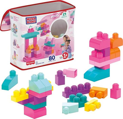 MEGA BLOKS, Bloques de Construcción de Plástico, Gran Bolsa Rosa para Construir, Juguete para Niños, Material Didáctico, Edad 1 año en Adelante