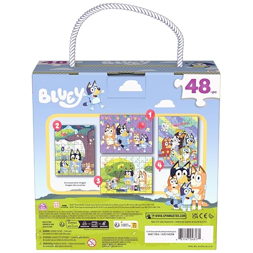 Bluey, Set de 4 Rompecabezas de 48 Piezas con Caja de Almacenamiento y asa, Juguetes de Bluey para niños a Partir de 4 años