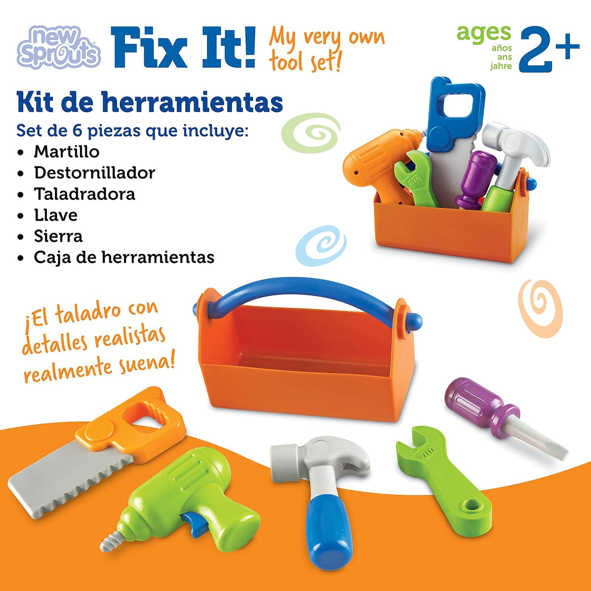 Learning Resources New Sprouts Fix It, Set de Herramientas para Niños, Juguetes de Motricidad Fina, Juguetes de Construccion, Juegos de Roles y Simulacion, 6 Piezas, Mayores de 2 años