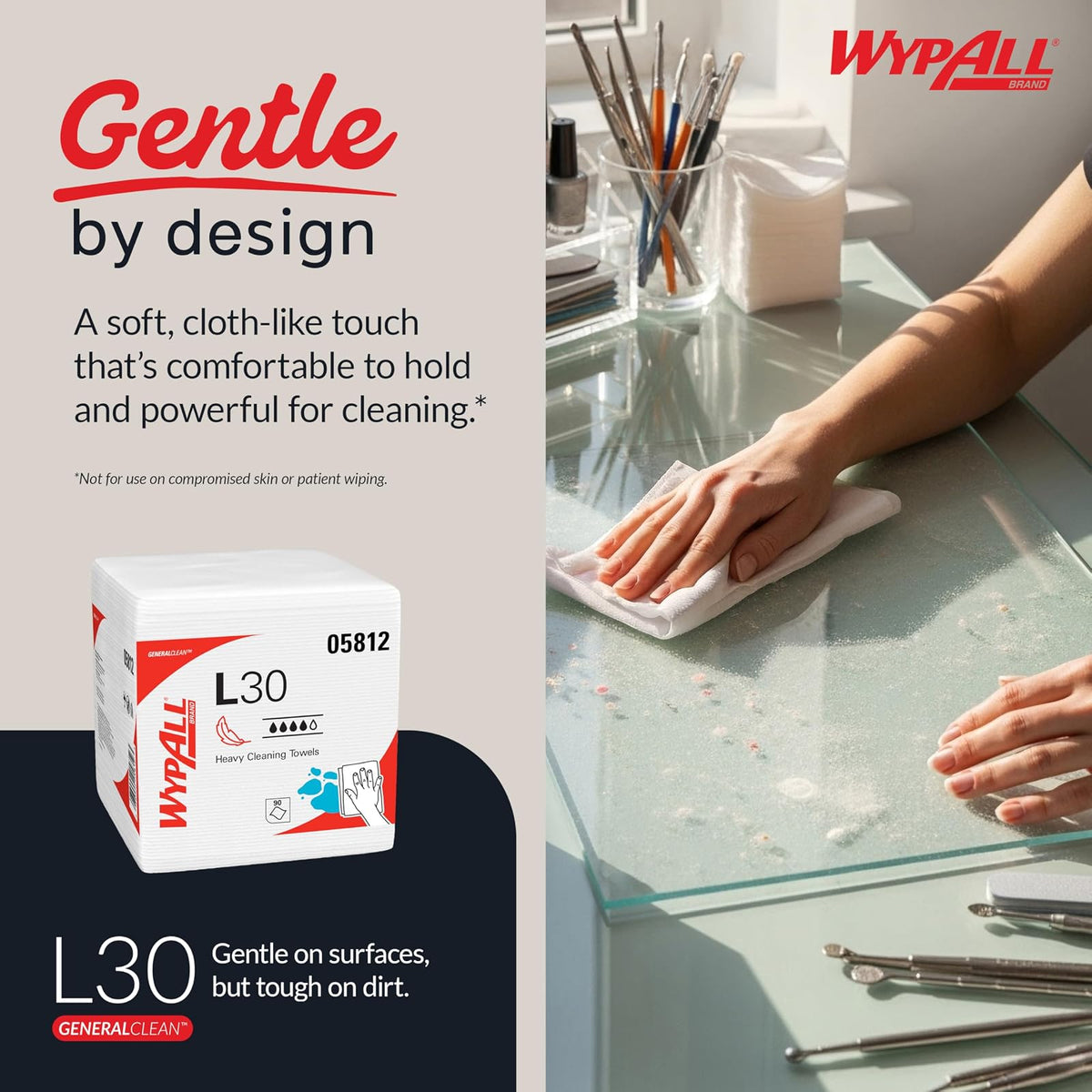 WypAll® GeneralClean™ L30 - Toallas de limpieza resistentes (05812), cuarto de pliegue, resistentes y suaves, color blanco (90 hojas/paquete, 12 paquetes/estuche, 1080 hojas/estuche)