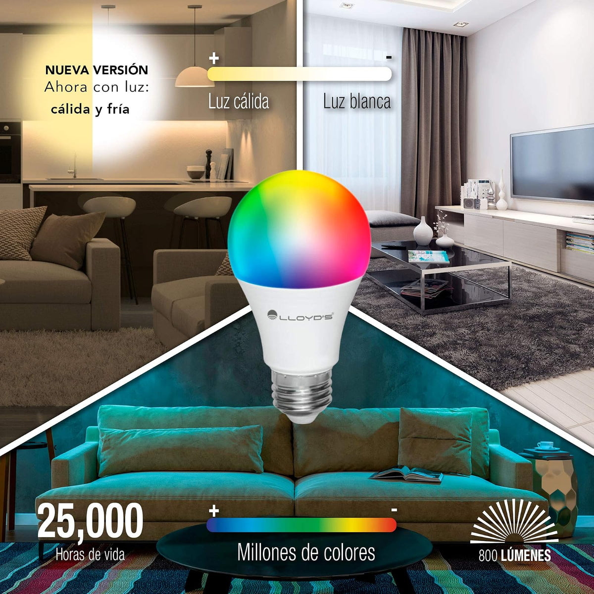 Lloyd's Kit Inicial para Casa Inteligente con Sensor Magnético, Sensor de Movimiento y Foco Inteligente RGB + CCT, Luz de color y Luz Blanca Fría y Cálida