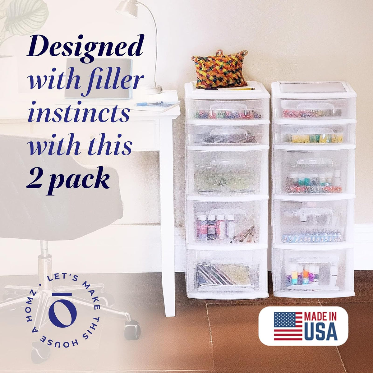 HOMZ Plastic 5 Drawer Medium Storage Tower, White Frame, Clear Drawers, Set of 2