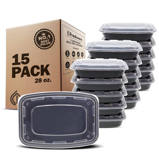 Freshware - Recipientes para preparación de comidas [15 paquetes] 1 compartimento para almacenamiento de alimentos con tapas, caja bento, sin BPA, apilables, aptos para
