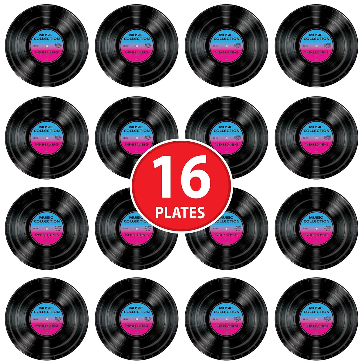 Beistle - Paquete de 16 platos de papel para discos temáticos de los años 50, suministros de fiesta de música de vinilo retro de 9 pulgadas, vajilla de los años 50