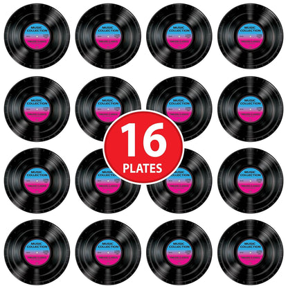 Beistle - Paquete de 16 platos de papel para discos temáticos de los años 50, suministros de fiesta de música de vinilo retro de 9 pulgadas, vajilla de los años 50