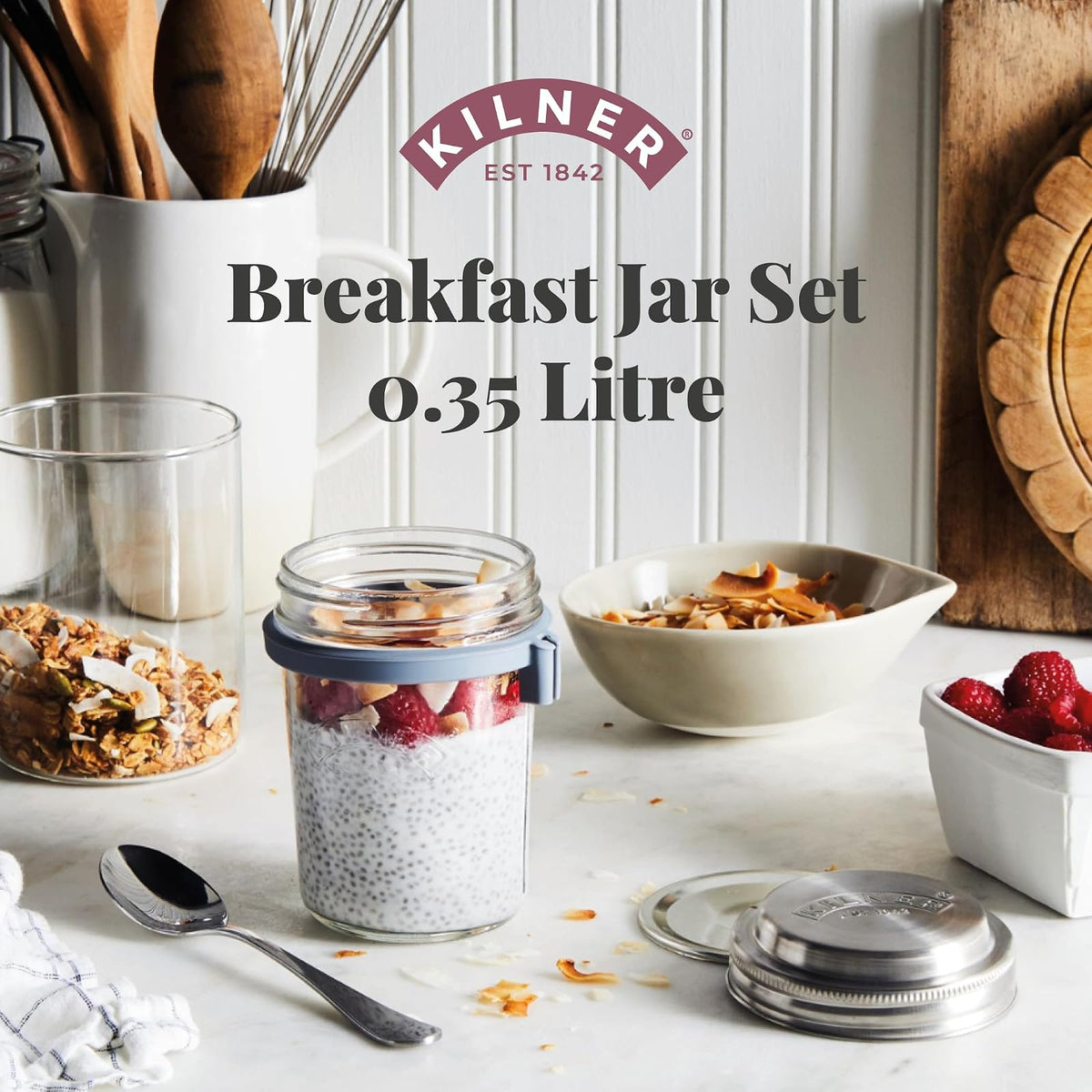 KILNER | Tarro para Desayuno 300 ml (0.3 L), Frasco de Vidrio con Tapa, Ideal para Avena Overnight, Yogurt y Almacenamiento de Alimentos Vidrio | Reutilizables | Mod. KLN25304
