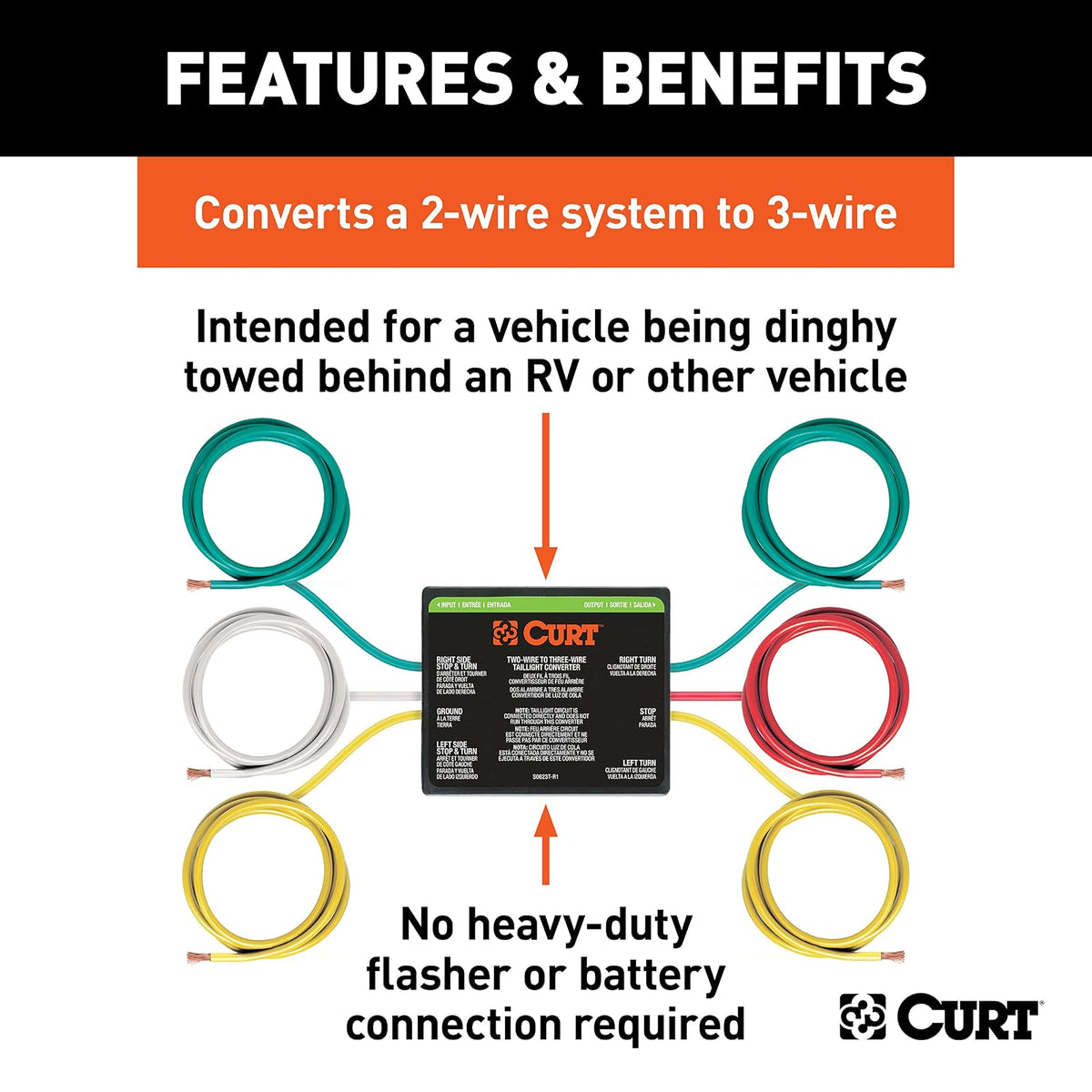 CURT Convertidor de Luz Trasera de Remolque de 2 a 3 Hilos 56196 | Convierte señales combinadas de freno/giro de 2 cables en salidas separadas de freno/giro de 3 cables; remolque de bote