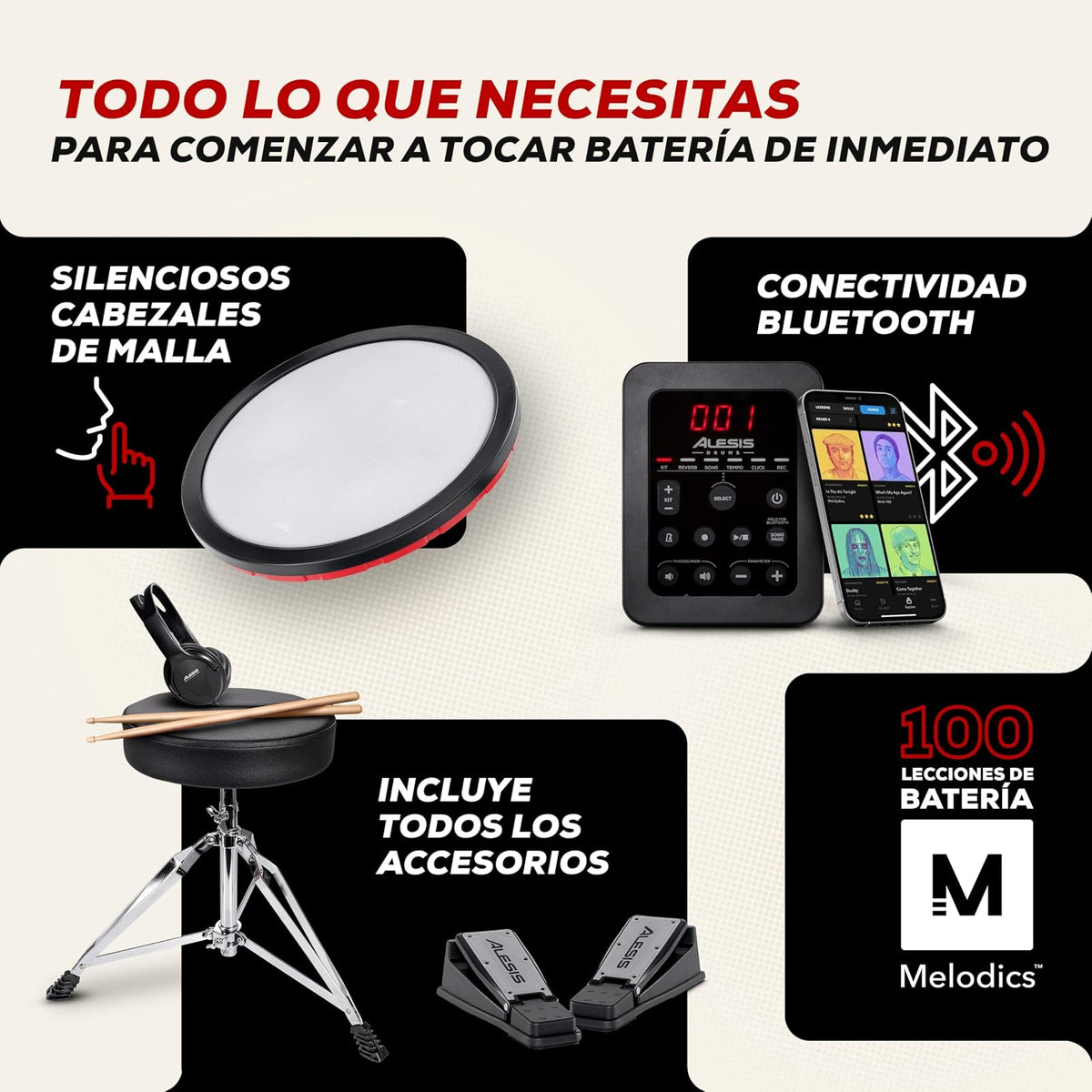 Alesis Turbo Max Batería Electrónica | Compacta, Plegable, Pads de Malla Silenciosos, Toms de 8", Platillos de 8", Bluetooth, Banqueta, Audífonos, Baquetas