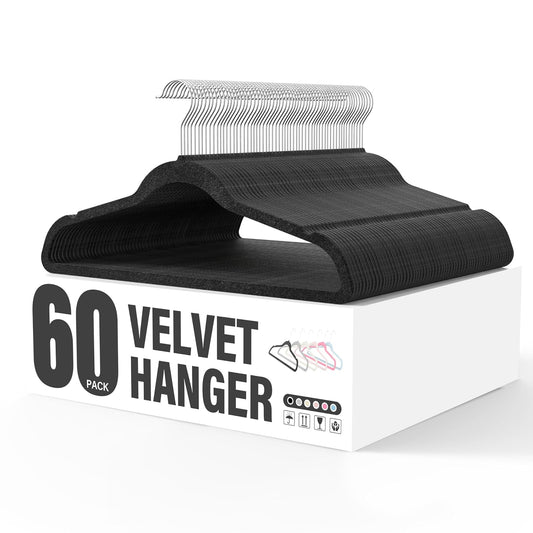 YSSOA - Juego de 60 Perchas de Terciopelo Antideslizantes con Muescas en los Hombros, Ganchos giratorios de 360°, Perchas estándar Resistentes para Ahorrar Espacio en el clóset, Color Negro