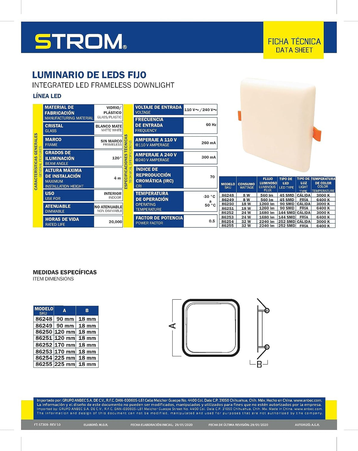 Strom 86254 Luminario de LEDS Fijo Cuadrado 225 mm, 32 W, Luz Cálida, Color Blanco