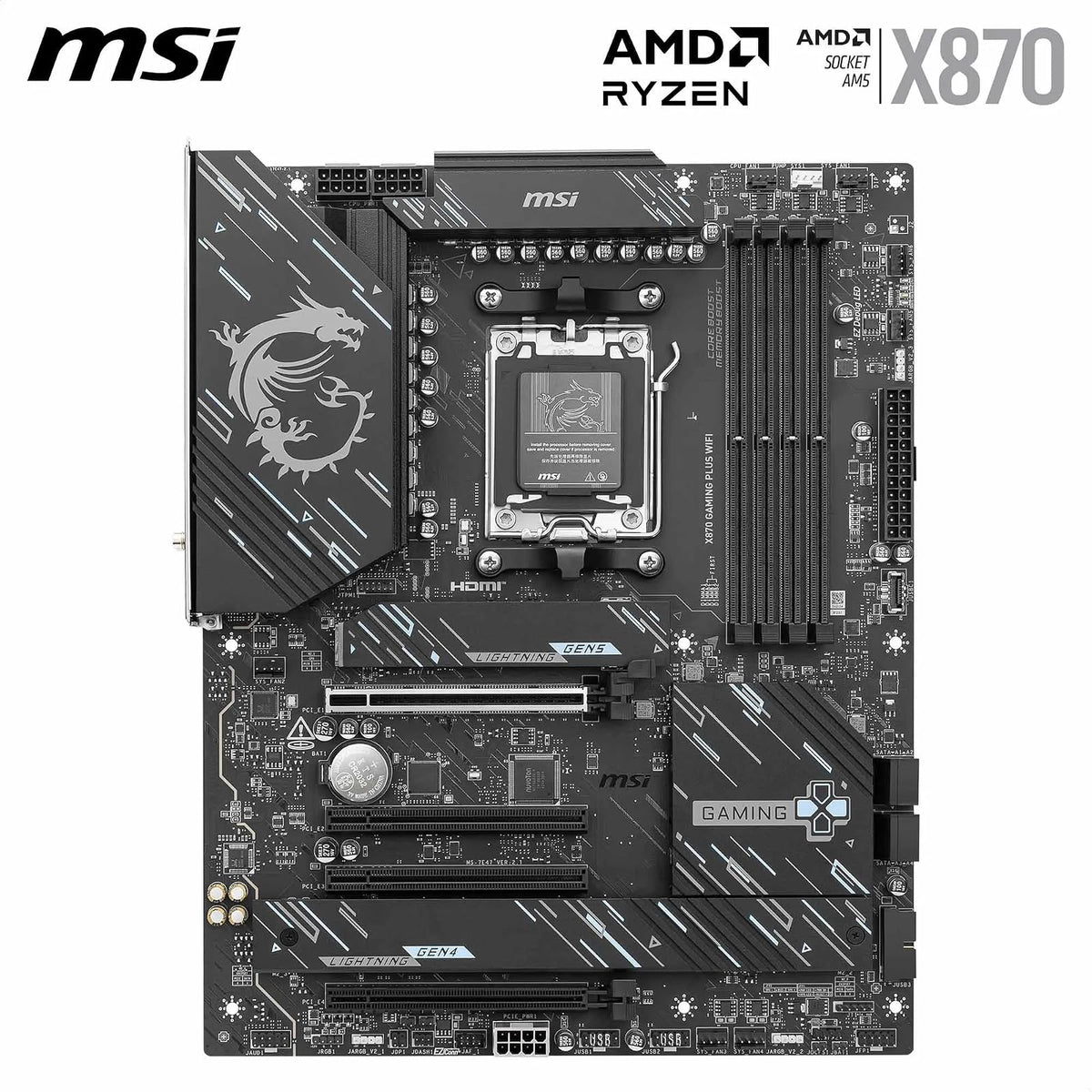 MSI X870 Gaming Plus WiFi V1 Motherboard, ATX-Compatible con procesadores AMD Ryzen 9000/8000/7000, AM5-60A SPS VRM, DDR5 Memory Boost 8200+ MT/s (OC), PCIe 5.0 x16 y 4.0 x16, M.2 Gen5, Wi-Fi 7. LAN