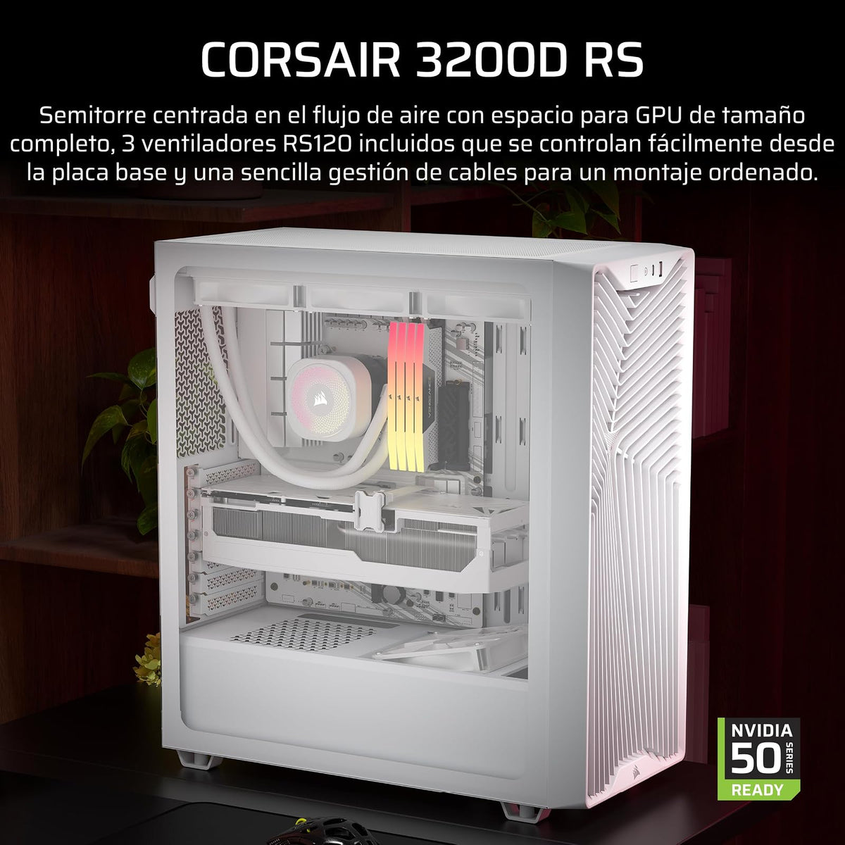 Corsair 3200D RS Caja para PC Semitorre – Blanco | 3 Ventiladores RS120 PWM Incluidos, Brazo Anticaída GPU, ASUS BTF, MSI Project Zero, Gigabyte Project Stealth