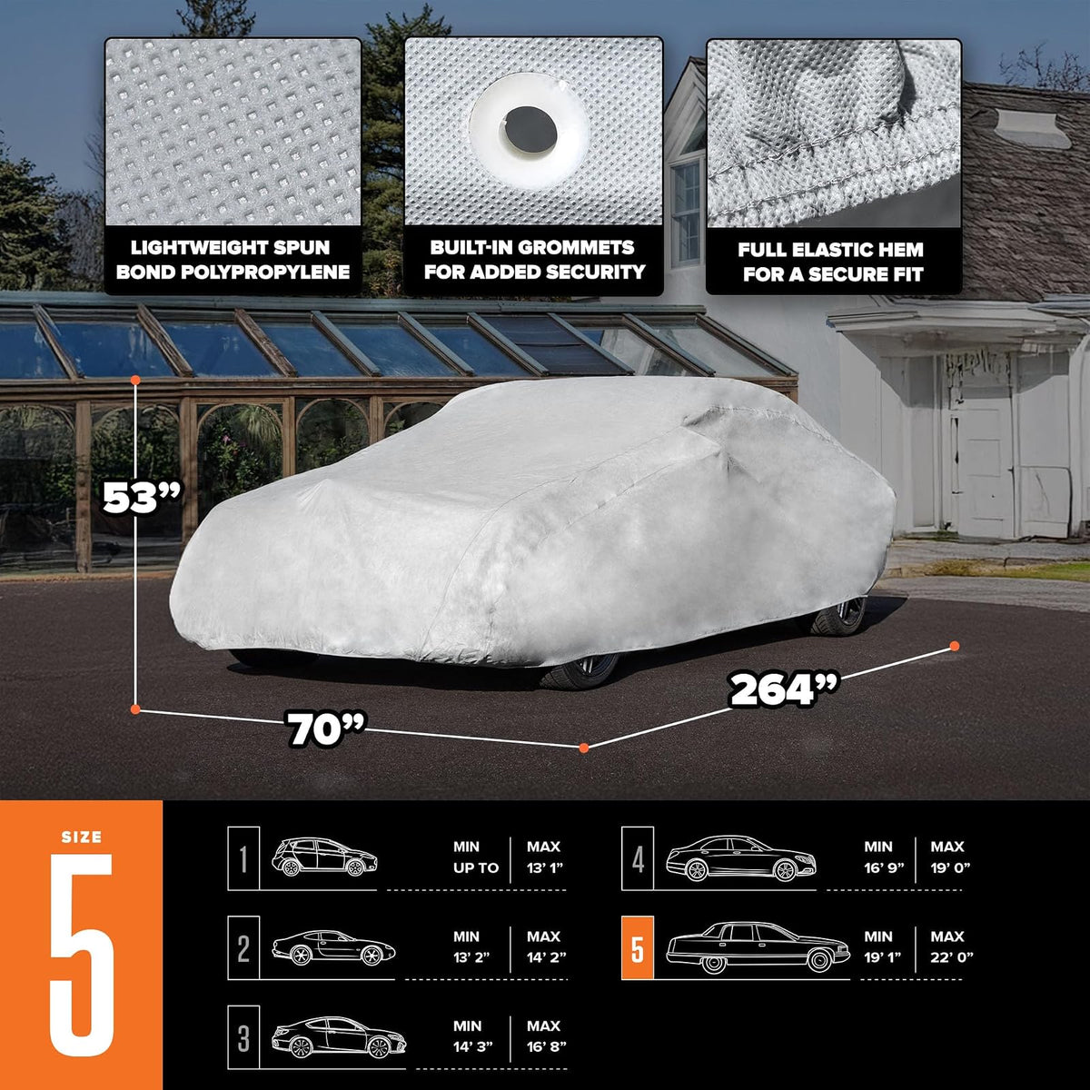 Budge Lite Funda de Automóvil, Se Adapta a sedanes de hasta 398.78 cm, B-1 - (Polipropileno, Gris), Gris, Size 5: Fits Cars up to 22' Long