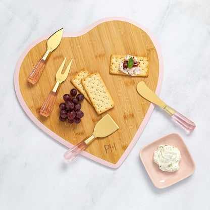Paris Hilton - Juego de mesa de charcutería y servir, tabla de servir de bambú, plato de cerámica, utensilios de queso con cuchillas revestidas de titanio, juego de 6 piezas, color rosa