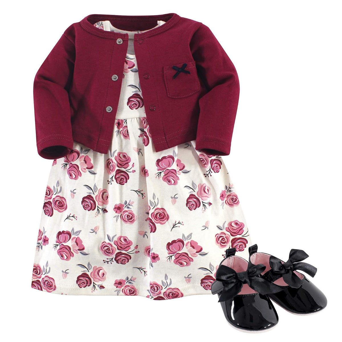 Hudson Baby Conjunto de Vestido, cárdigan y Zapatos de algodón Vestido Casual para bebés niñas