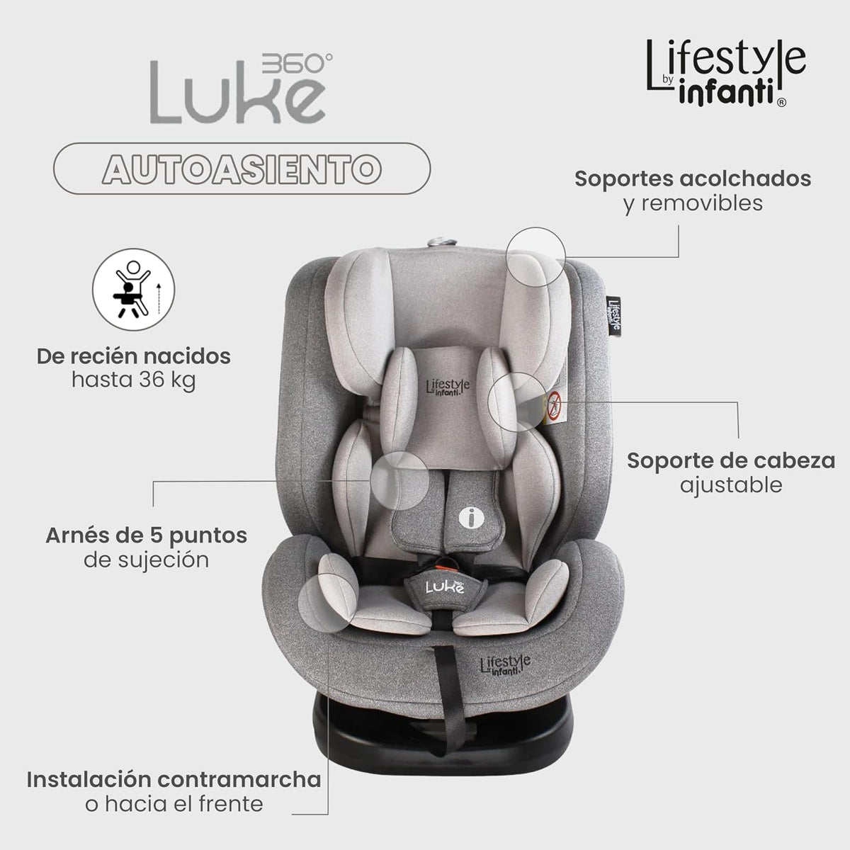 INFANTI | Asiento para Bebe Carro LUKE 360° Lifestyle | Autoasientos Grupo 0+, 1, 2 y 3 | Con Sistema ISOFIX | 4 Reclinaciones | Protección Bebé y Soportes Seguros | Color Gris