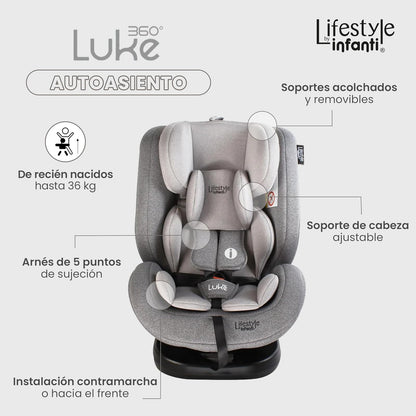 INFANTI | Asiento para Bebe Carro LUKE 360° Lifestyle | Autoasientos Grupo 0+, 1, 2 y 3 | Con Sistema ISOFIX | 4 Reclinaciones | Protección Bebé y Soportes Seguros | Color Gris