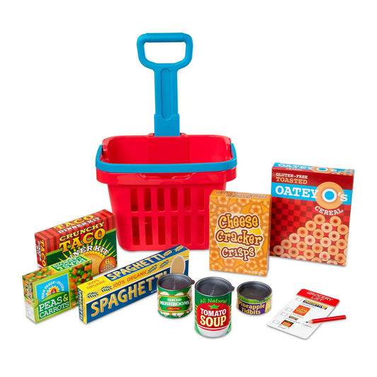 Melissa & Doug Set de Canasta Rodante de Comestibles para Llenar y Rodar, Comida de Juguete, Construcción Resistente (11 Piezas)