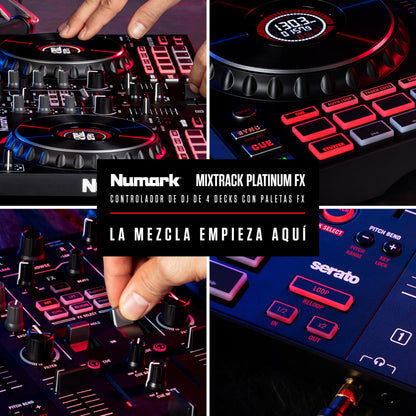 Numark Mixtrack Platinum FX Controlador DJ Para Serato DJ Con Control de 4 Secciones, Mezclador DJ, Interfaz de Audio Incorporada, Pantallas en Las Ruedas de Selección y Paletas de Efectos