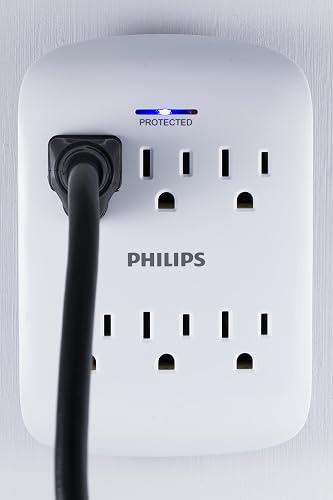 Philips, Multicontacto de Pared de 6 Salidas con Supresor de Picos, 900 Julios, Protectores contra Sobretensiones, Certificacion ETL, Blanco, Paquete de 2, SPP3466WA/37