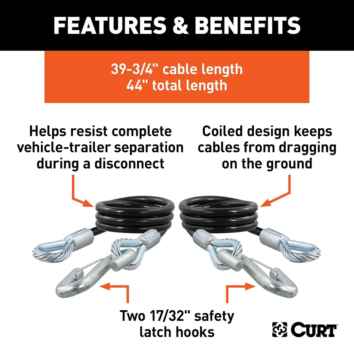 CURT Cables de Seguridad para Remolque con Revestimiento de Nylon 80176, 42", Paquete de 2, Negro