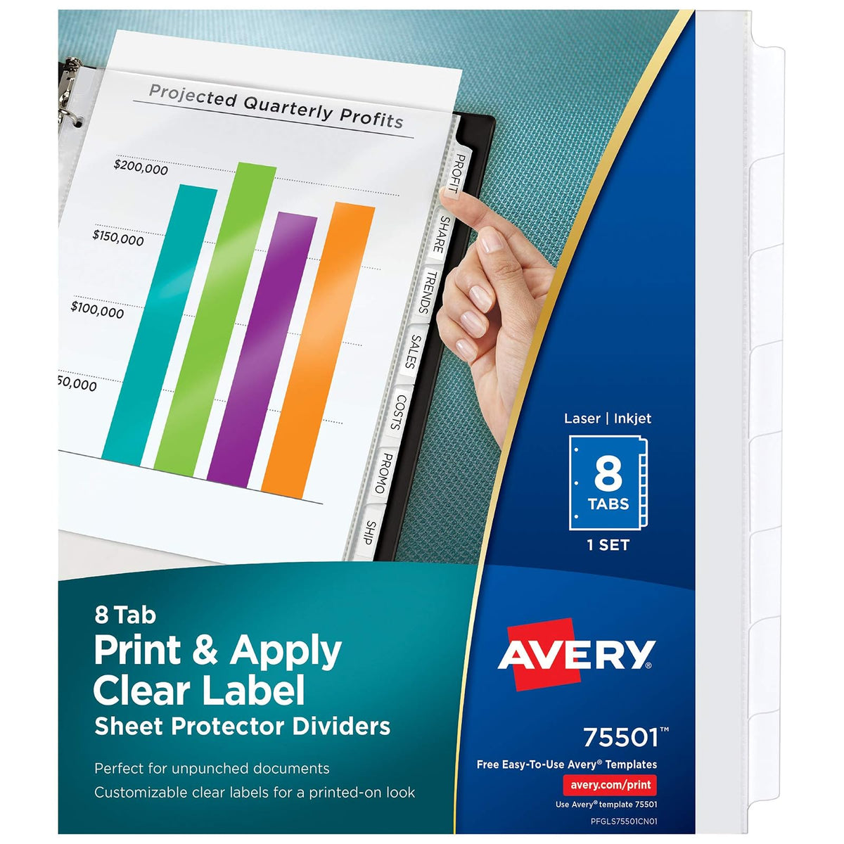 Avery Separadores protectores de hojas de 8 pestañas, etiquetas transparentes imprimibles fáciles de despegar, fabricante de índices, pestañas blancas, 1 juego (75501)
