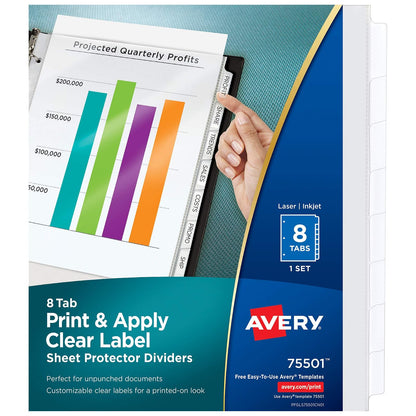 Avery Separadores protectores de hojas de 8 pestañas, etiquetas transparentes imprimibles fáciles de despegar, fabricante de índices, pestañas blancas, 1 juego (75501)