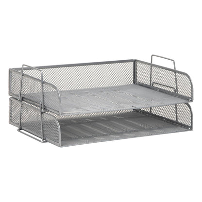 Betesh Mind Reader Stackable Paper Tray, Desktop Organizer, File Storage, Office, Metal Mesh, 14" L x 9.75" W x 6" H, 2 Pcs., Silver