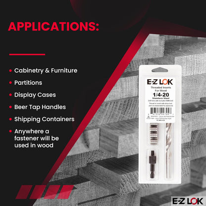 E-Z LOK 400-4-CR Insertos roscados para madera, kit de instalación, acero inoxidable, incluye insertos de rosca de cuchillo 1/4-20 (6), taladro, herramienta de instalación