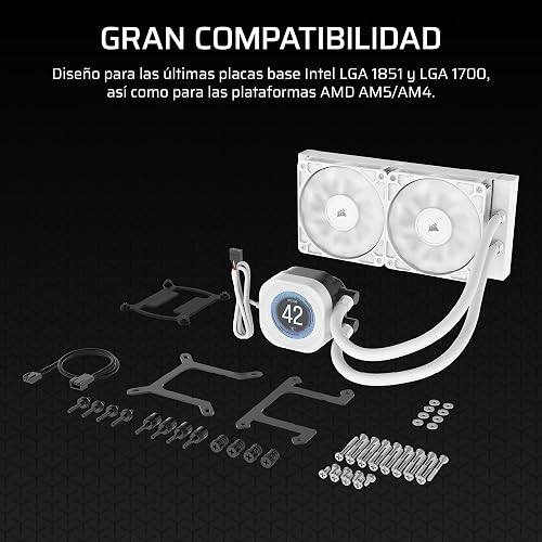 CORSAIR NAUTILUS 240 RS LCD Refrigeración líquida de CPU – Pantalla LCD IPS de 2,1", 240mm AIO, Bajo Ruido, Daisy-Chain, Intel LGA 1851/1700, AMD AM5/AM4 – Incluye 2 Ventiladores RS120 – Blanco