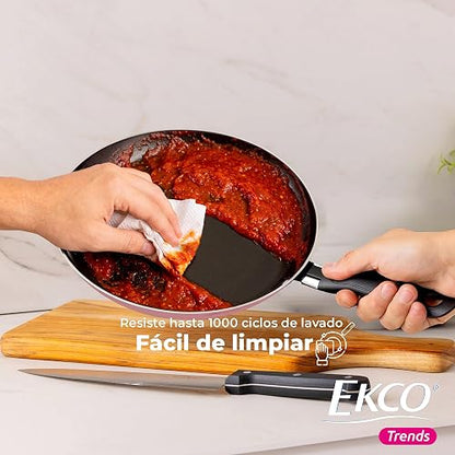 Ekco | Batería de Cocina Serum 19 Piezas de Aluminio Antiadherente Rosa | Revestimiento antiadherente, Cocción uniforme, Fácil limpieza, Uso diario, Calentamiento rápido, Mangos y asas de baquelita
