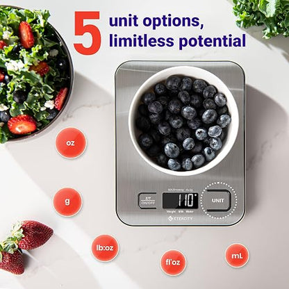 Etekcity Báscula de Cocina Digital de Precisión, Balanza Cocina de Acero Inoxidable 5 kg/ 11 lbs, Peso Cocina Multifuncional, Pantalla LCD, 2 Baterías Incluidas