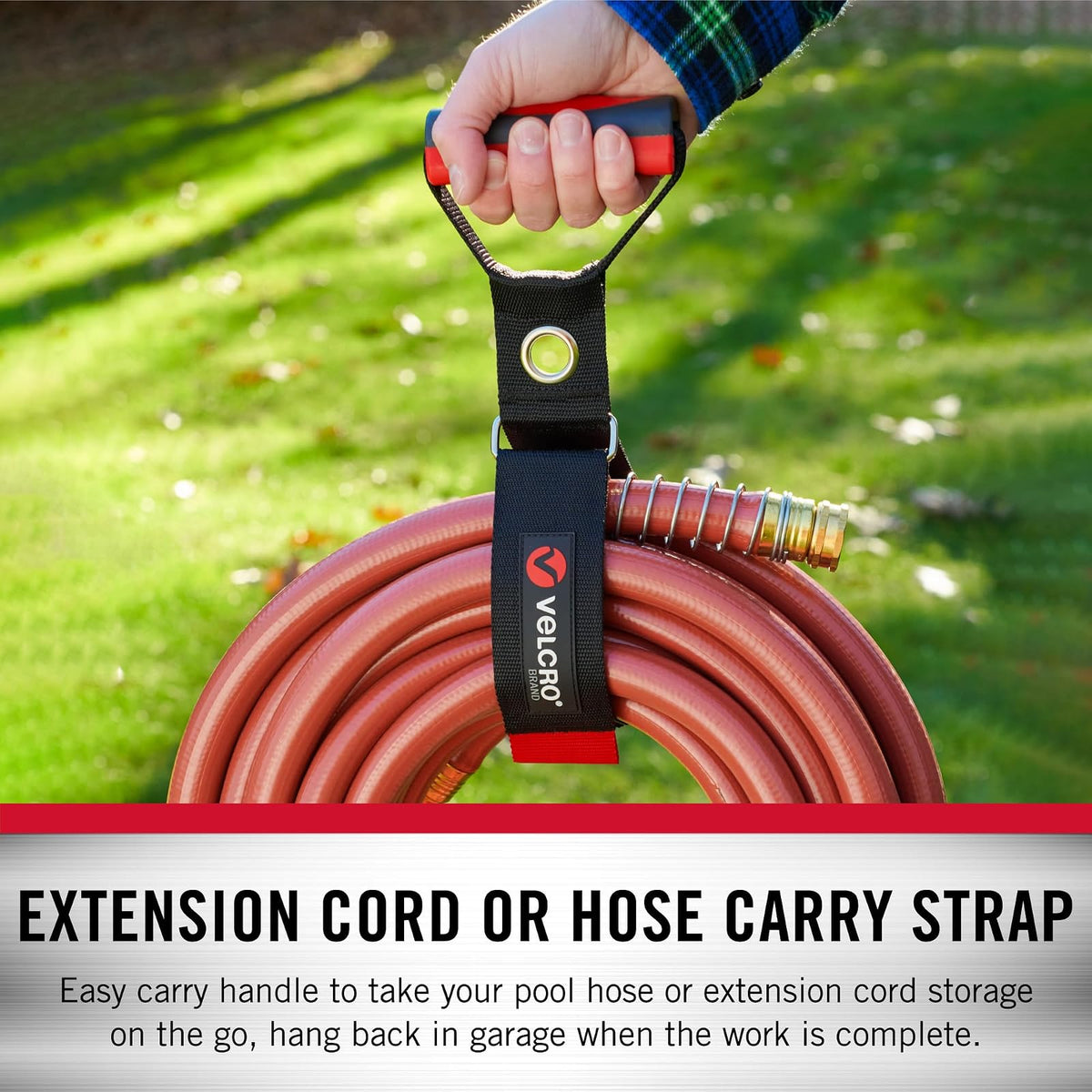 VEL-30897-USA - Correa de transporte resistente con asa para 100 libras | Almacenamiento de manguera de jardín, cables de extensión de transporte o colgar, cuerdas o cadenas, grande, envolturas de 7.5 pulgadas de diámetro, negro