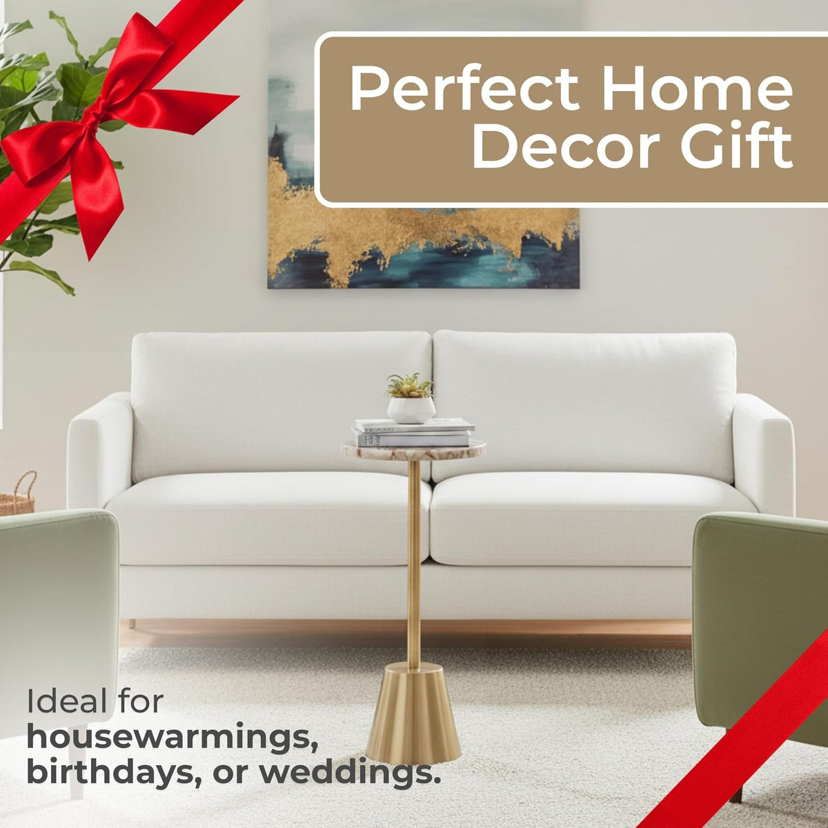 Sagebrook Home - Mesa Auxiliar de Hierro Dorado de 61 cm de Alto con Tapa de ágata de Borde Pulido para decoración contemporánea y glamorosa para Sala de Estar u Oficina