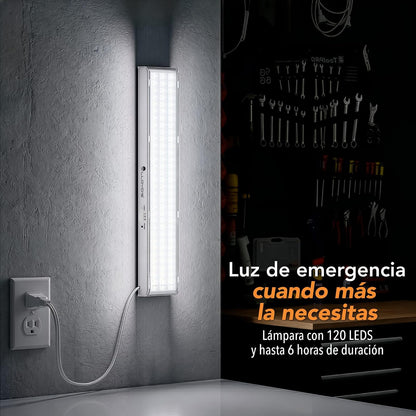 Lloyd's Lámpara de Emergencia Ultra Delgada 120 LED 700 LM Recargable | Hasta 6 horas de iluminación, encendido automático y diseño ultradelgado ideal para emergencias en interiores.