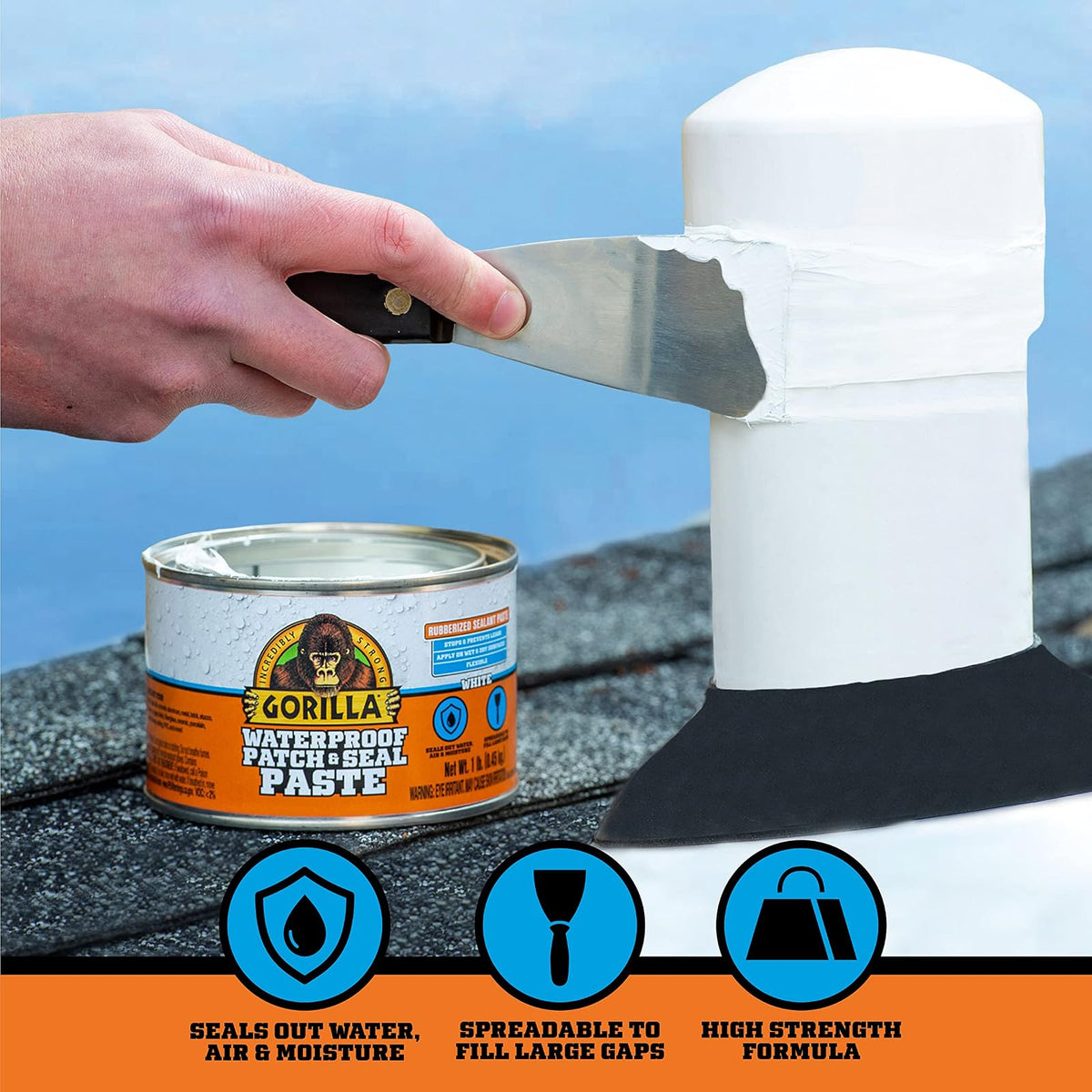 Gorilla - Pasta selladora de goma impermeable con parche y sello; color blanco; lata de 1 libra (paquete de 1)