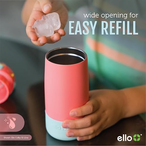 Ello Kids Colby Botella de agua aislada de acero inoxidable de 12 onzas con popote y posavasos de silicona integrados, asa de transporte y tapa de bloqueo a prueba de fugas para mochila escolar,