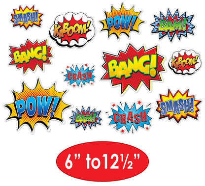 Beistle Hero Action Sign Cut Outs 24 Piece Comic Decorations Birthday Party Supplies 6” – 12.5”, Multicolored