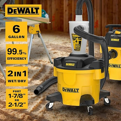 DEWALT Separador de Polvo con Tanque de Polietileno de 6 galones, colector de Polvo ciclón de eficiencia 99.5%, Filtro colector de Polvo de Ciclo de Alto Rendimiento, DXVCS002, Amarillo
