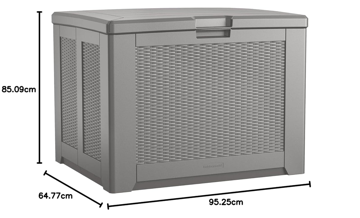 Rubbermaid - Caja de almacenamiento de resina mediana para exteriores (74 galones), resistente a la intemperie, color gris para el hogar, patio trasero, productos químicos de piscina, juguetes