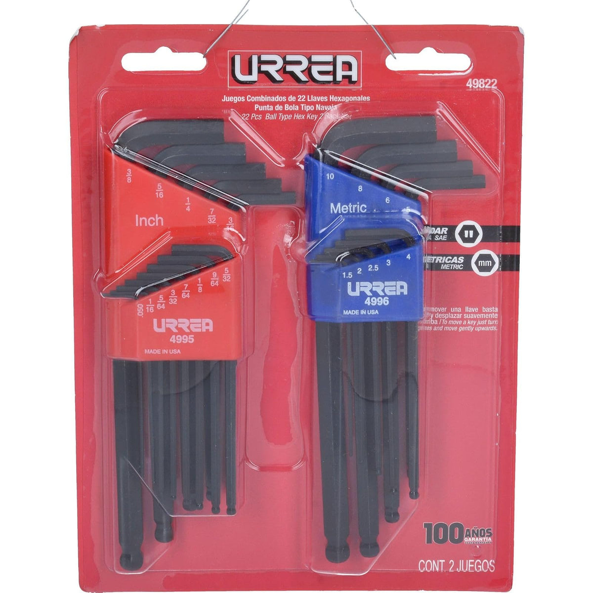 Urrea 49822 Juego de llaves hexagonales tipo "L", combinadas, punta de bola, 22 piezas