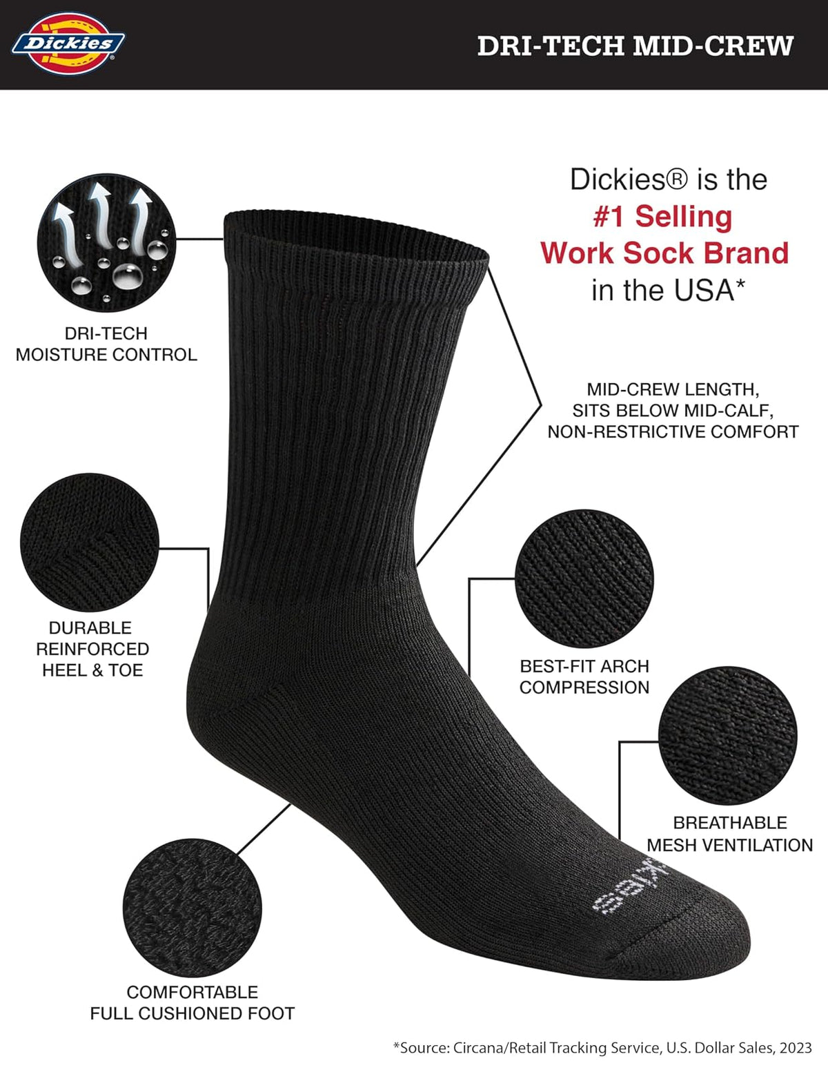 Dickies Dri-tech Moisture Control Comfort Length Mid-crew Socks, Available in M-xl (6, 12 Pairs) Calcetines Hombre