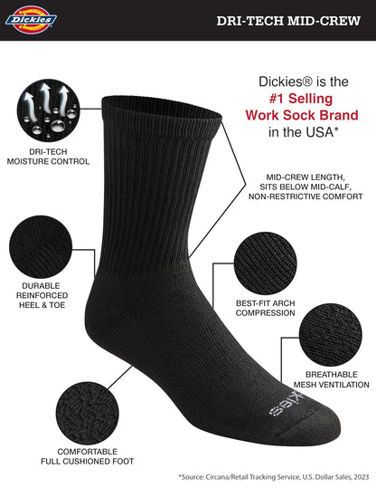 Dickies Dri-tech Moisture Control Comfort Length Mid-crew Socks, Available in M-xl (6, 12 Pairs) Calcetines Hombre