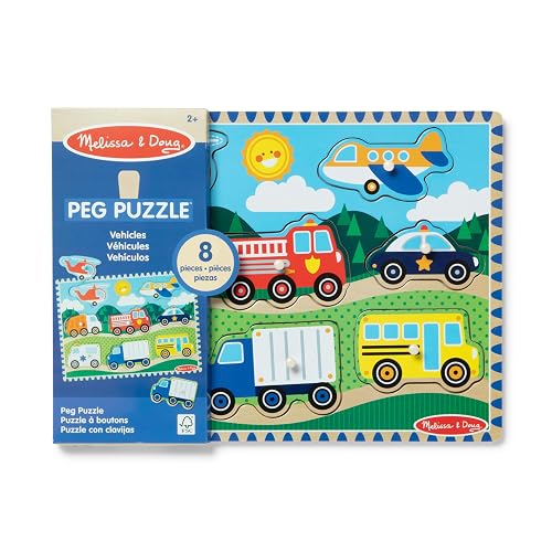 Melissa & Doug Rompecabezas de Vehículos con Clavijas, Juguete de Madera, Coloridas Ilustraciones de Vehículos, Construcción de Madera Extra-Gruesa (8 Piezas)