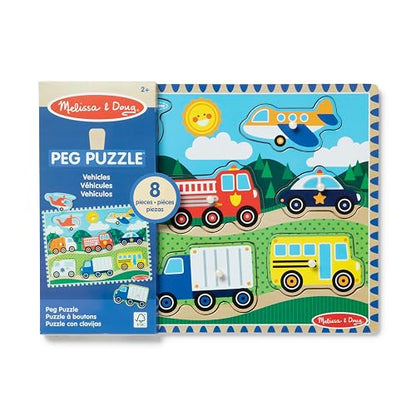 Melissa & Doug Rompecabezas de Vehículos con Clavijas, Juguete de Madera, Coloridas Ilustraciones de Vehículos, Construcción de Madera Extra-Gruesa (8 Piezas)
