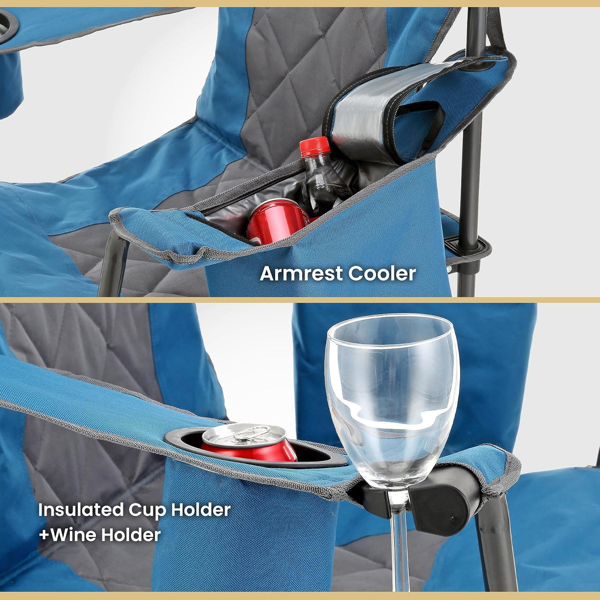 ARROWHEAD Outdoor - Silla plegable portátil para camping con enfriador de 6 latas, portavasos y copas de vino, bolsa de transporte resistente, reposabrazos acolchados, reposacabezas y asiento, soporta