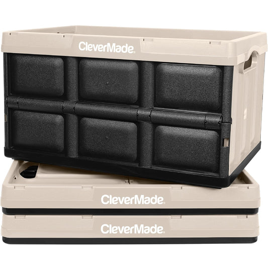 CleverMade Contenedores Plegables de Almacenamiento, Paquete de 3, 46 L, Apilables, Bronceado
