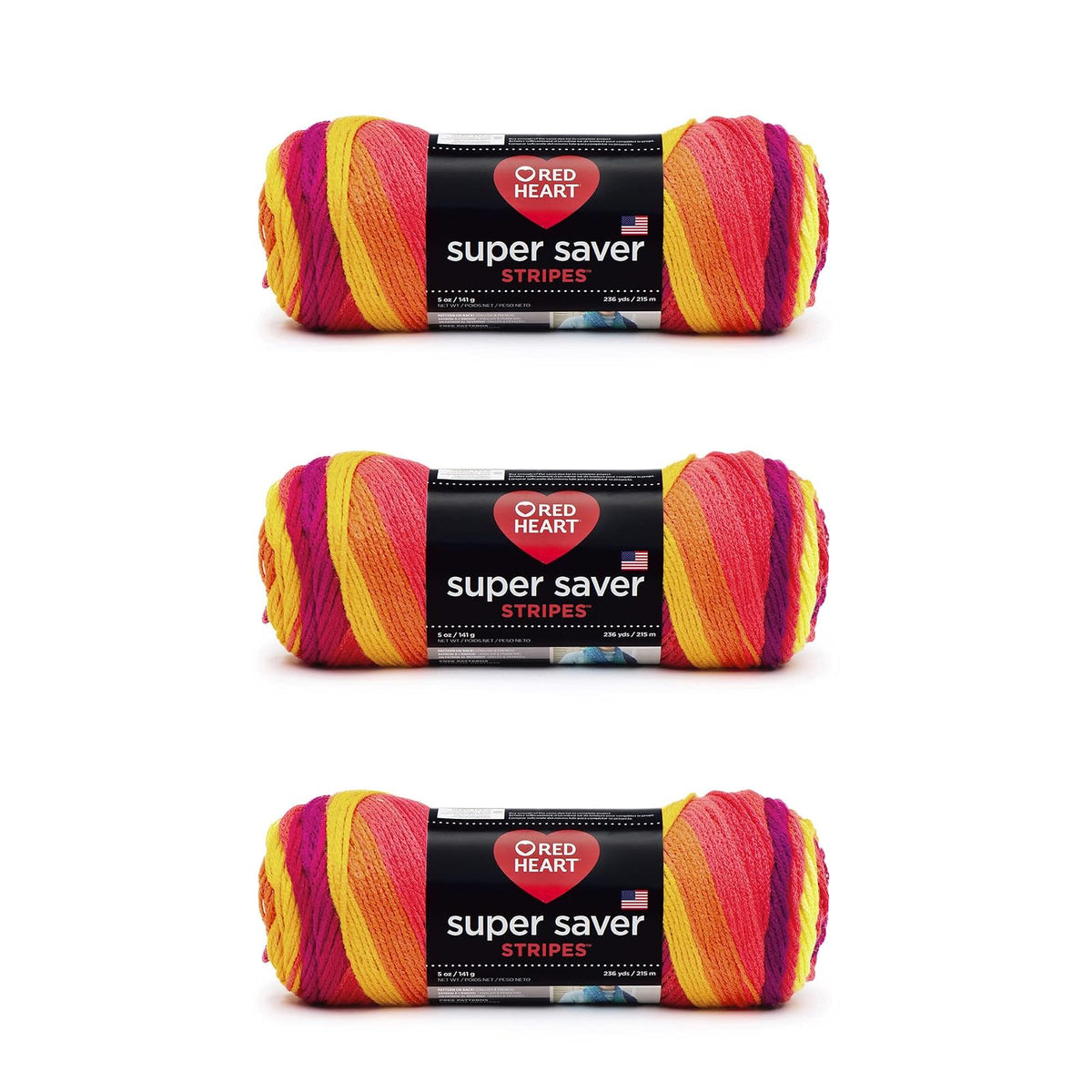Red Heart Super Saver Estambre Acrílico, Varios Colores - Fruity Stripe - Paquete de 3