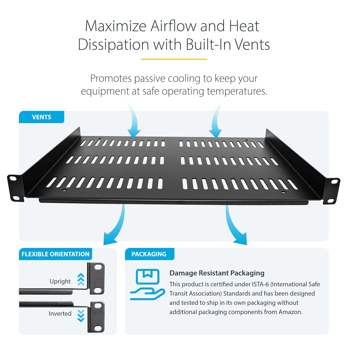 StarTech.com Estante para Rack de 1U para servidores - Bandeja Universal con ventilación para Rack y gabinete de Equipos de Red de 19 Pulgadas - Diseño Duradero - Capacidad de Peso de 25 kg - 12